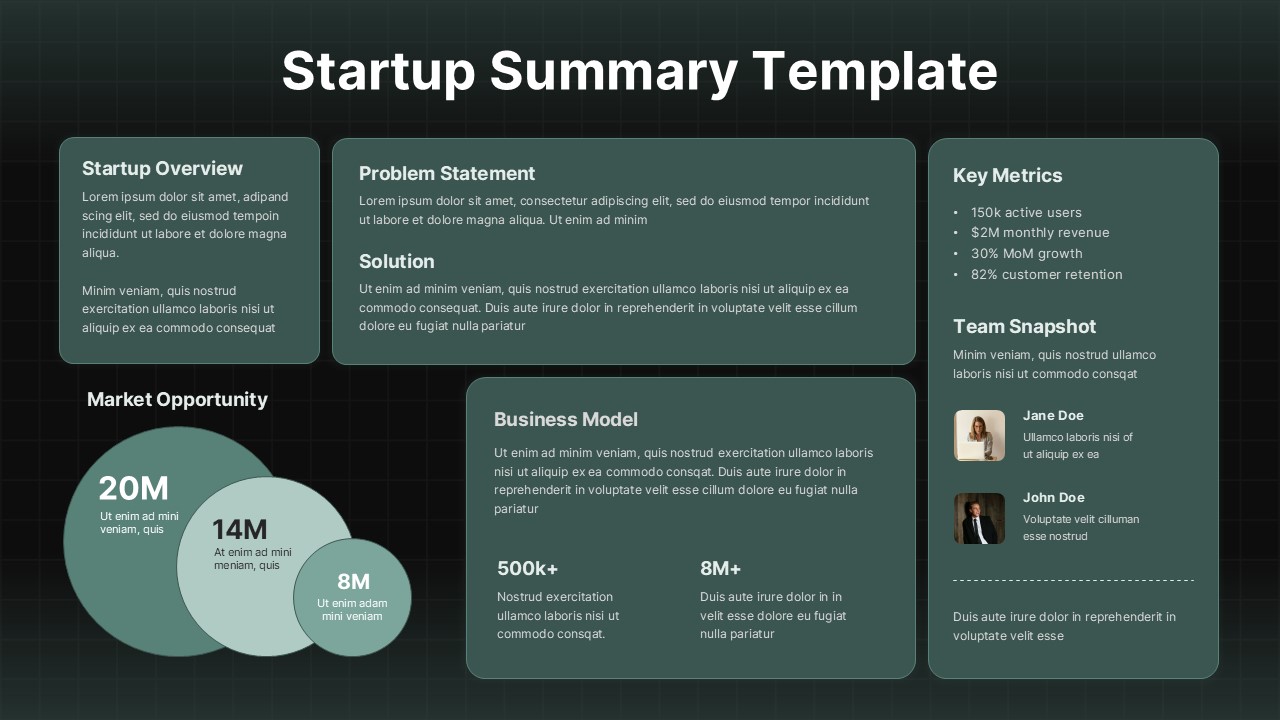 Download this startup summary slide to showcase overview, metrics, market opportunity, and team in PowerPoint and Google Slides.