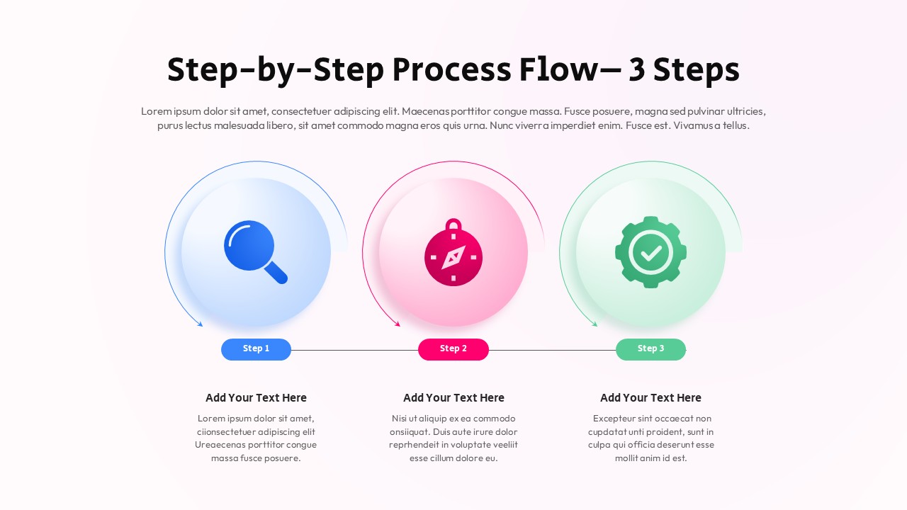 Three-step process flow diagram with circular icons connected in sequence from left to right