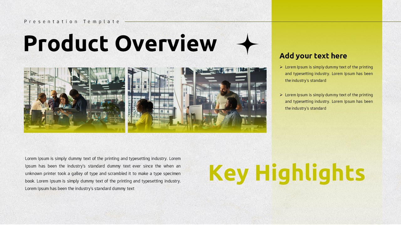 Tech startup pitch deck product overview slide featuring team collaboration images, key highlights section, and yellow accent panel in a modern layout.