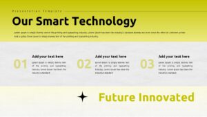 Tech startup pitch deck slide showcasing smart technology overview with numbered feature sections, bold headline, and yellow gradient background layout.