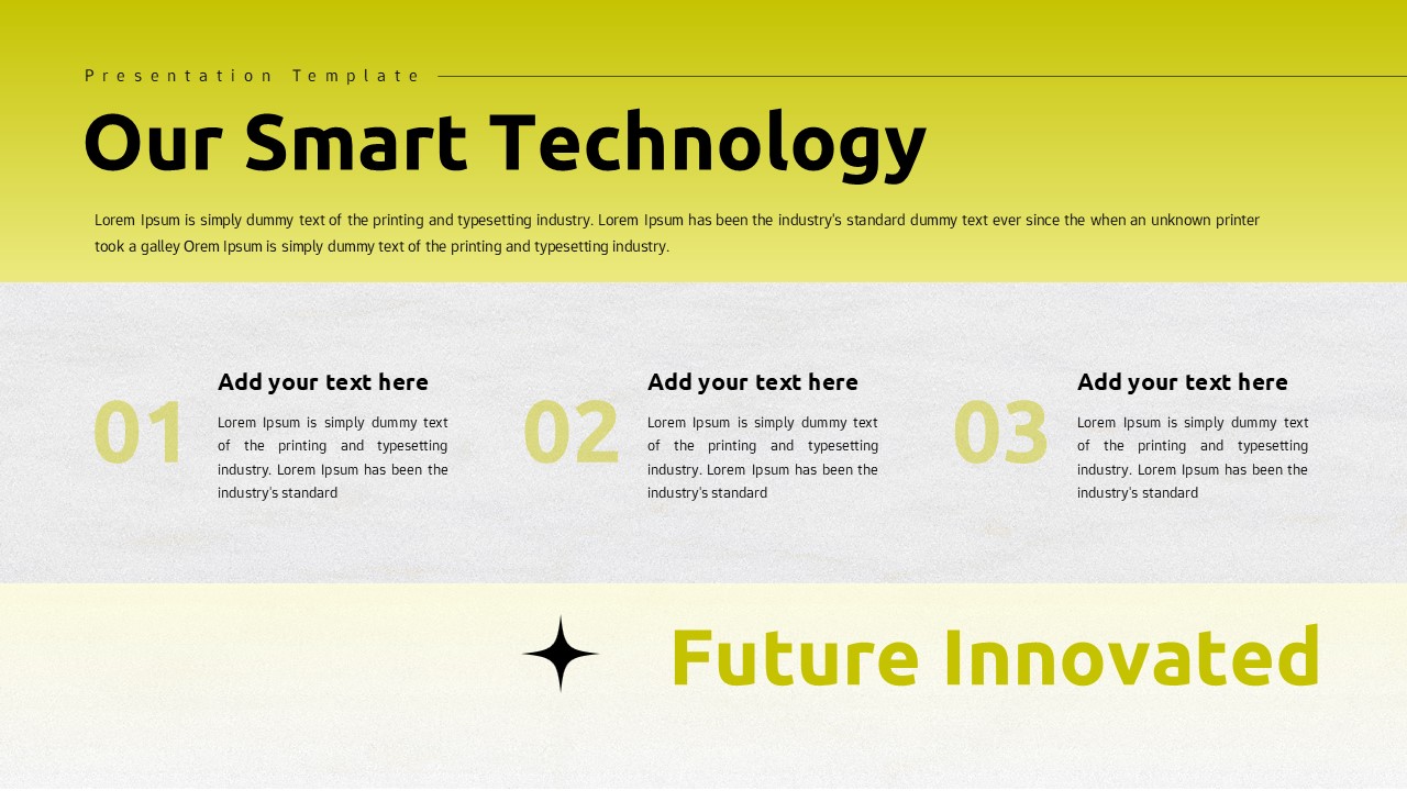 Tech startup pitch deck slide showcasing smart technology overview with numbered feature sections, bold headline, and yellow gradient background layout.