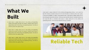 Tech startup pitch deck What We Built slide featuring bullet points, team collaboration image, and yellow accent background in a professional layout.
