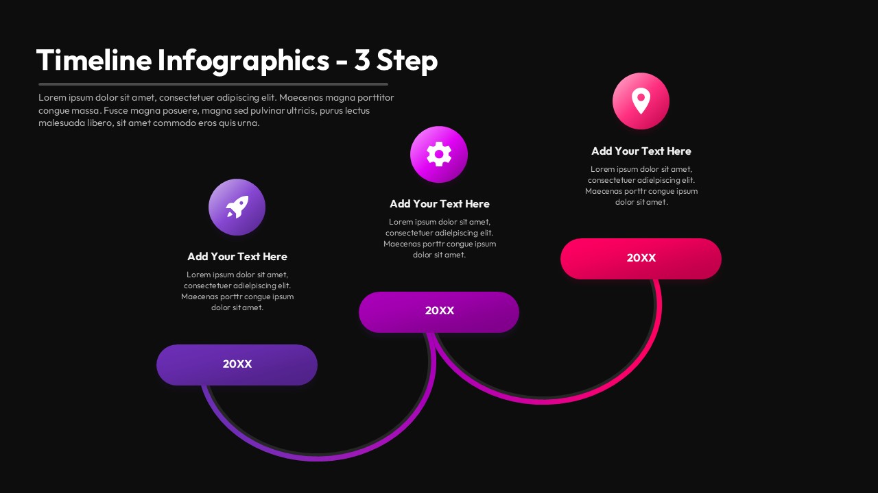 Three-step curved timeline infographic with milestone labels and circular icons across years
