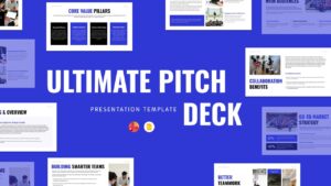 Ultimate pitch deck slides with bold typography, business imagery, strategy sections, and clean professional layouts.