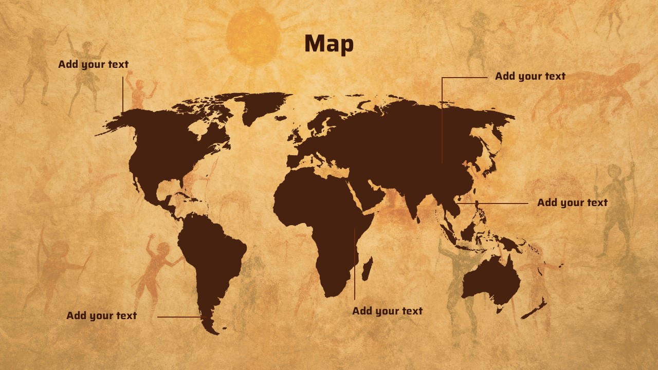 Vintage world map slide with dark continent silhouettes on parchment background and text callouts for regions