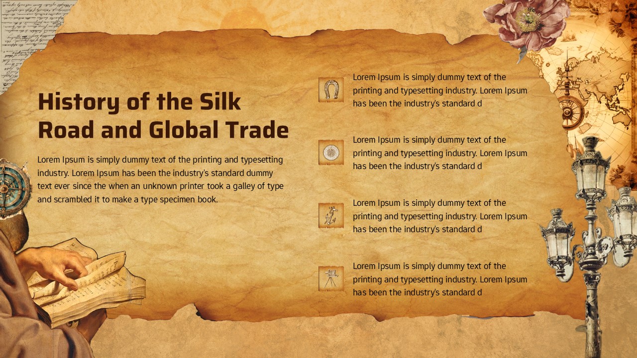 History slide with parchment-style background, title about the Silk Road and global trade, decorative vintage illustrations, and four icon-based text sections on the right