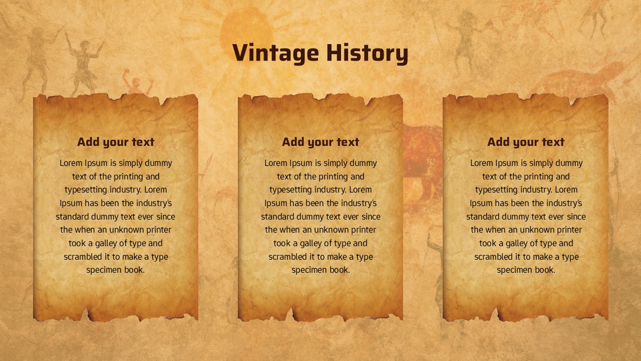 Vintage history slide with three parchment-style content boxes, centered title, and textured background with cave art figures