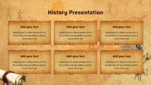 History presentation slide with six parchment-style content boxes arranged in a grid, section title at the top, and vintage textured background with decorative elements