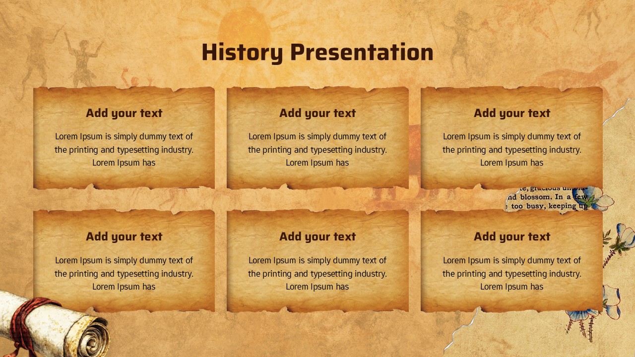 History presentation slide with six parchment-style content boxes arranged in a grid, section title at the top, and vintage textured background with decorative elements