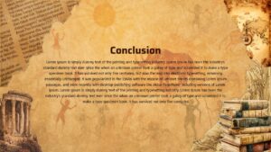 Conclusion slide with parchment background, centered text block, vintage collage elements, ancient figures, books, and classical architecture