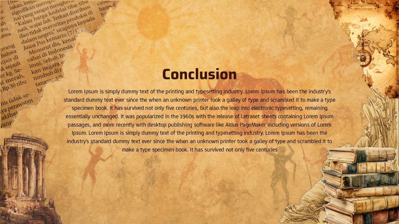 Conclusion slide with parchment background, centered text block, vintage collage elements, ancient figures, books, and classical architecture