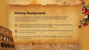 History background slide with parchment-style content area, section title, numbered text points, vintage collage elements including ancient architecture and floral illustration, and warm textured background
