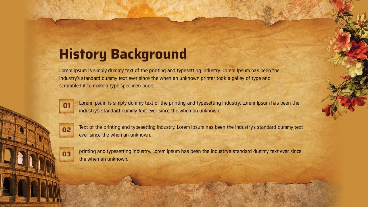 History background slide with parchment-style content area, section title, numbered text points, vintage collage elements including ancient architecture and floral illustration, and warm textured background