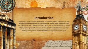 Introduction slide with parchment-style text panel centered over vintage collage background featuring compass, classical columns, Big Ben, handwritten script, and warm textured elements