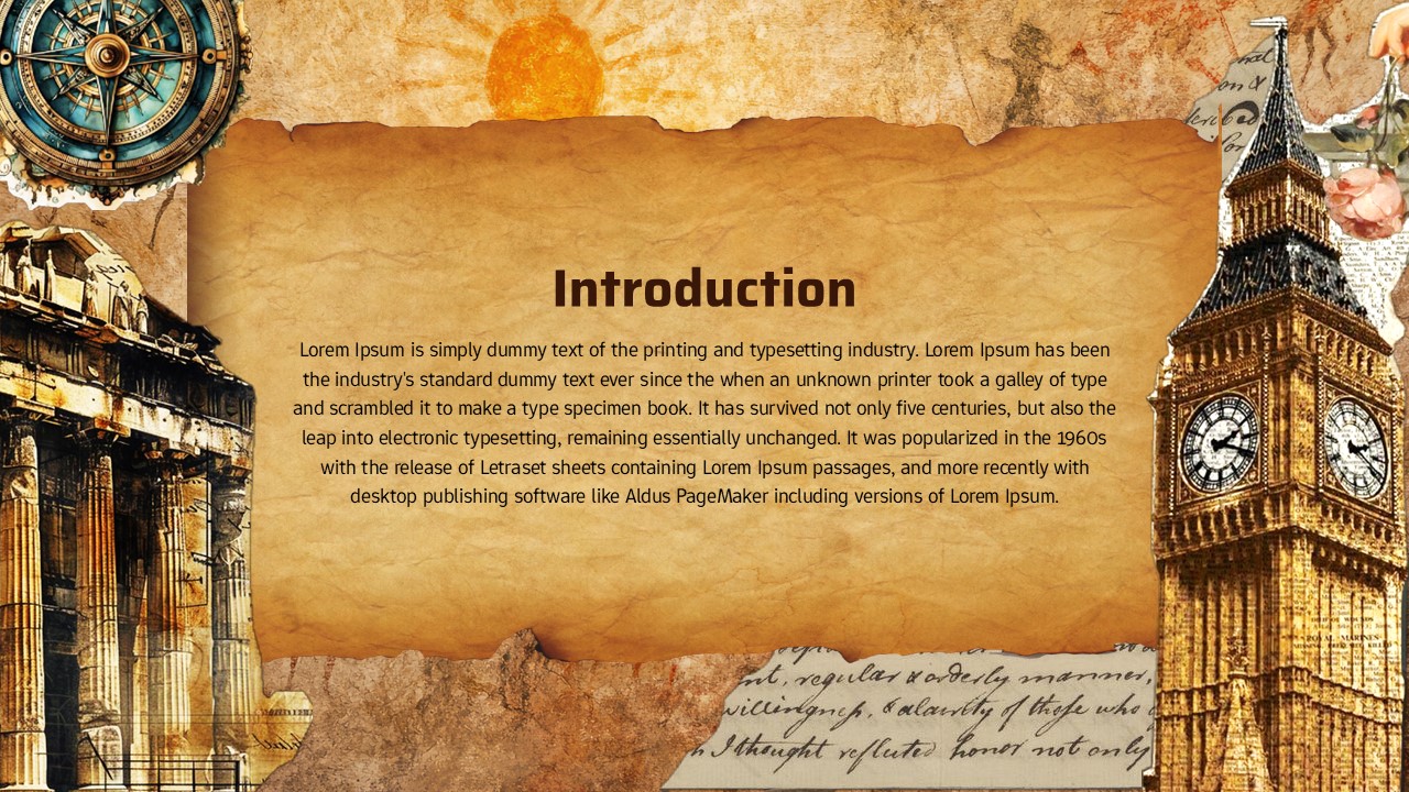Introduction slide with parchment-style text panel centered over vintage collage background featuring compass, classical columns, Big Ben, handwritten script, and warm textured elements