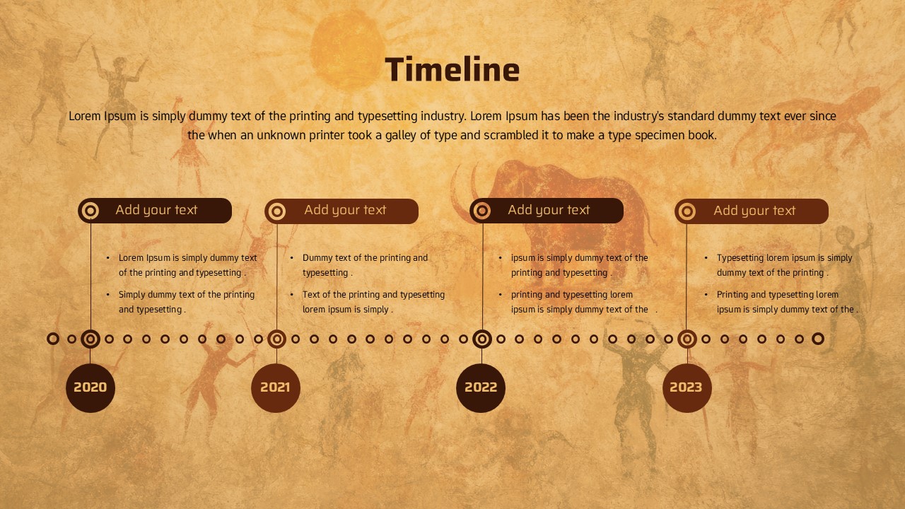 Vintage timeline slide with parchment-style background, horizontal timeline from 2020 to 2023, four milestone panels with bullet text, circular year markers, and prehistoric cave art illustrations in the background