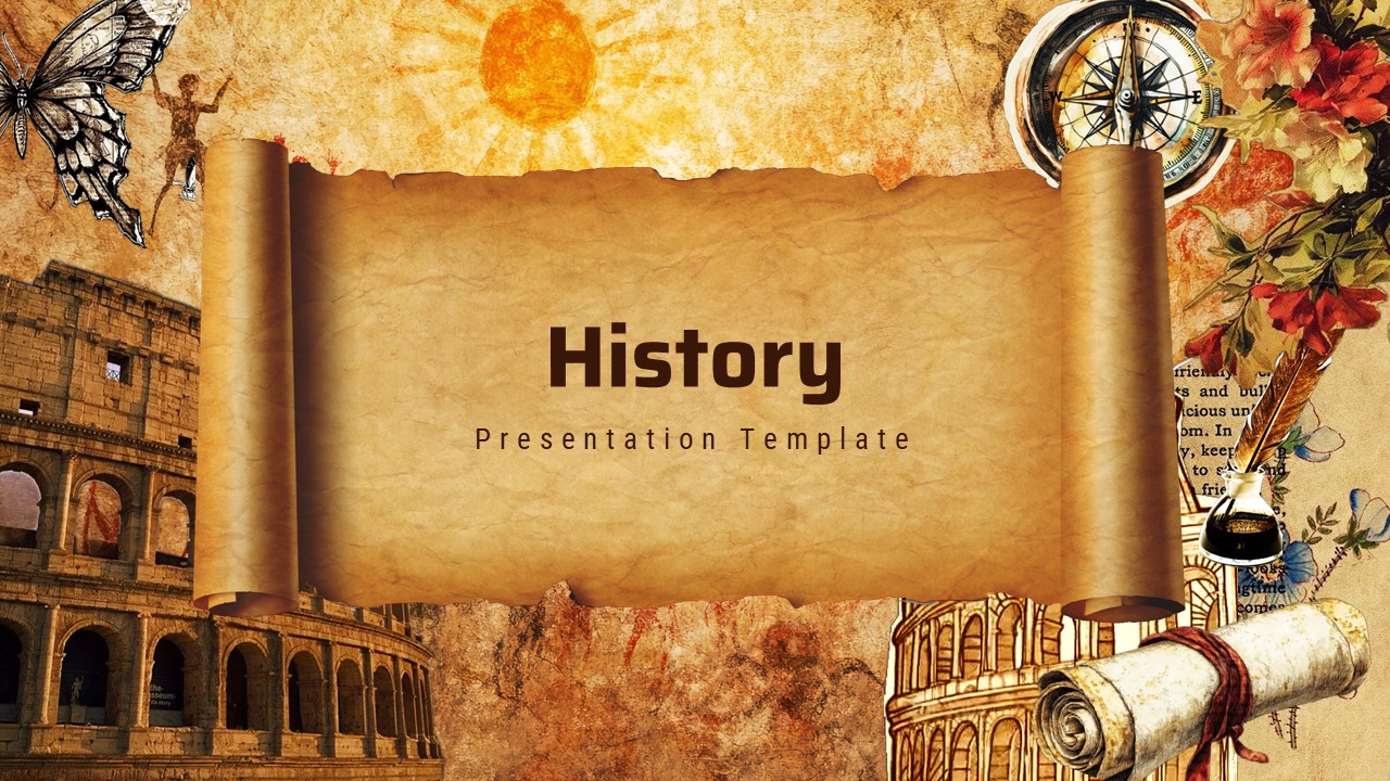 History presentation title slide with parchment scroll in the center, vintage collage background featuring ancient architecture, compass, flowers, and butterfly illustrations