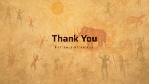 Thank you slide with parchment background, centered thank you text, and prehistoric cave art figures with animal illustration