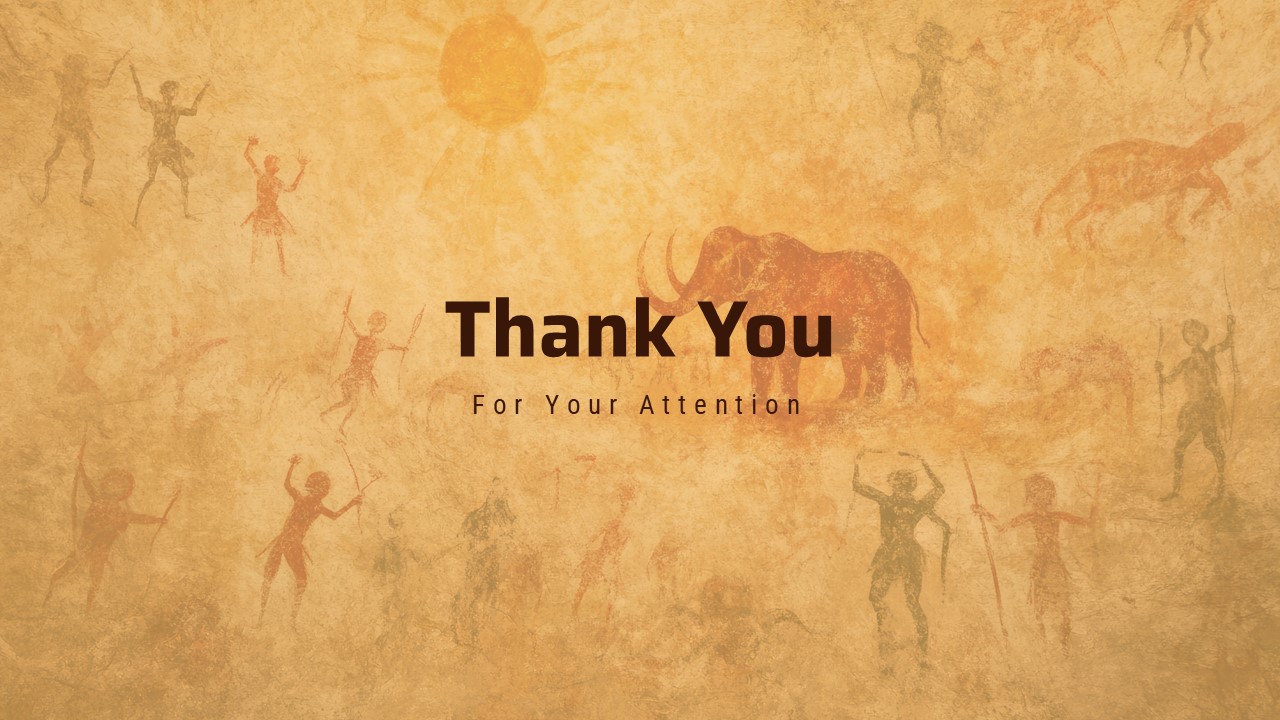 Thank you slide with parchment background, centered thank you text, and prehistoric cave art figures with animal illustration