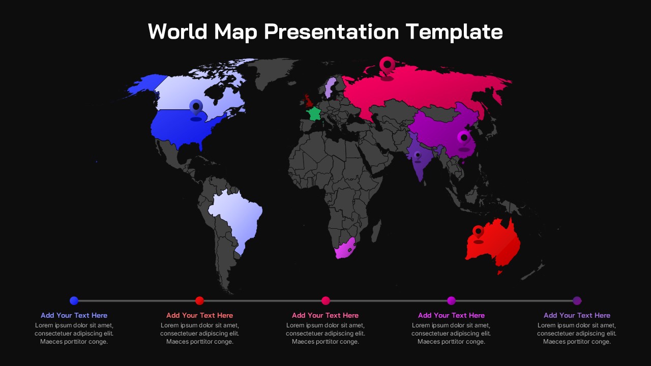 World map slide with color-coded regions, location pins, and aligned text sections for global presentation use.