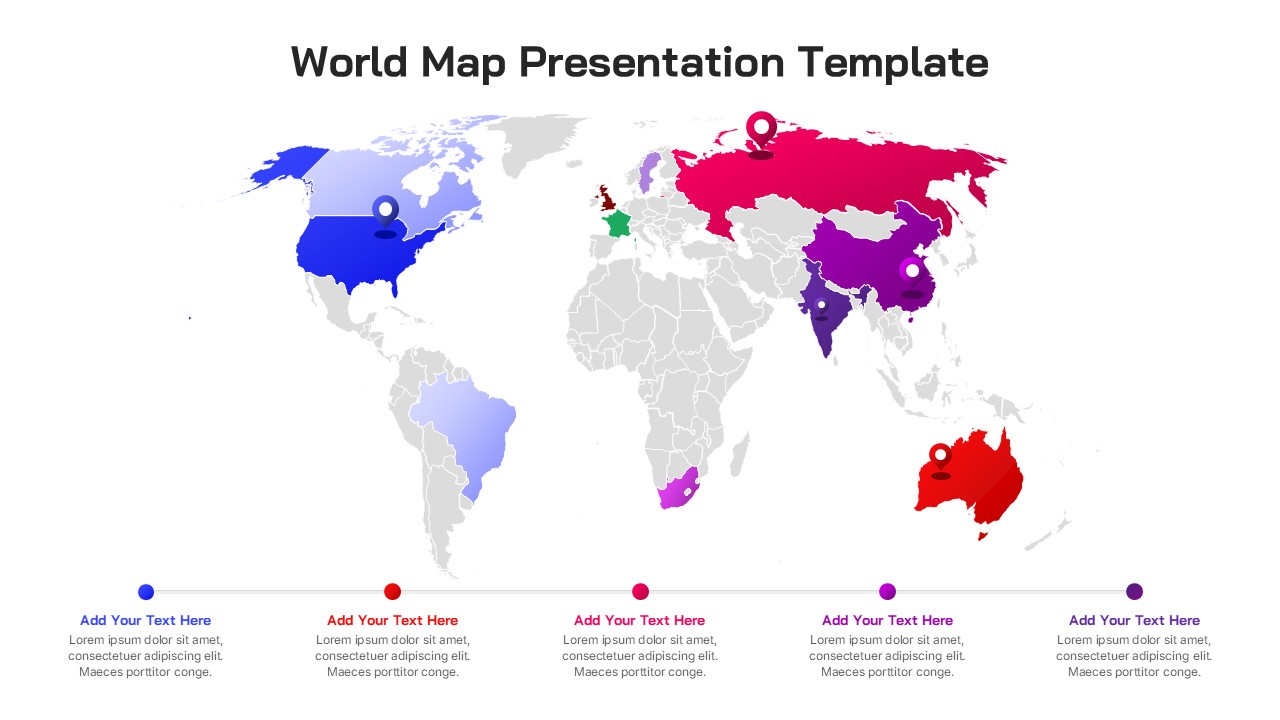 World map slide with color-coded regions, location pins, and aligned text sections for global presentation use.