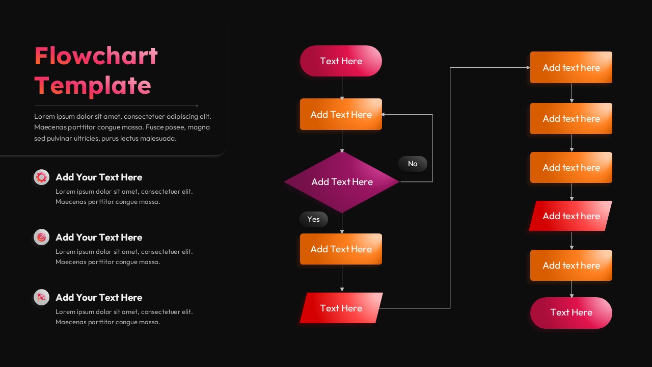 Black Business flowchart slide with decision diamond, process boxes, arrows, and yes–no paths arranged in a vertical layout with orange and red accents.