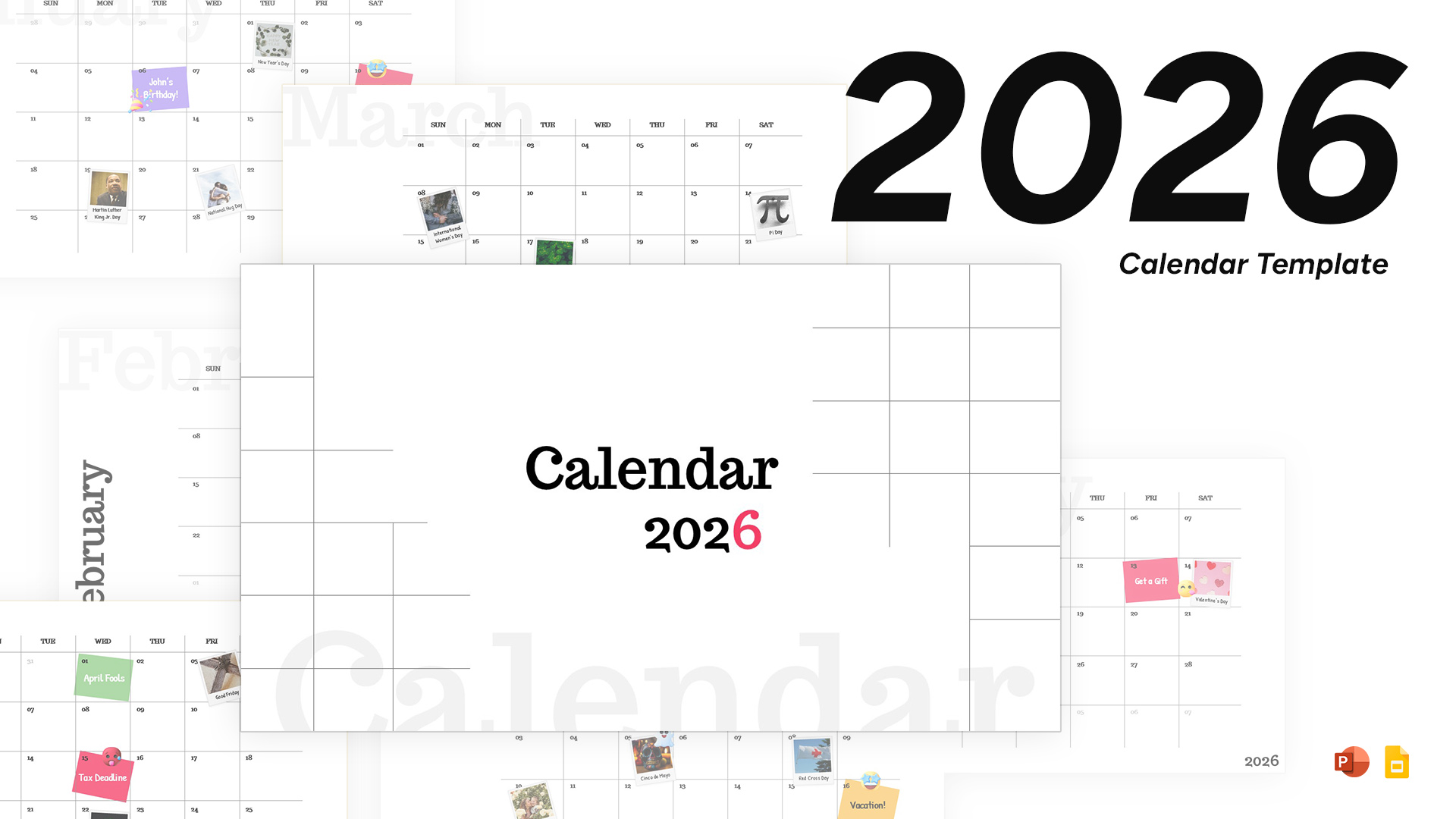 Minimal 2026 calendar slide with clean grid layout, monthly sections, large year title, and highlighted event notes.