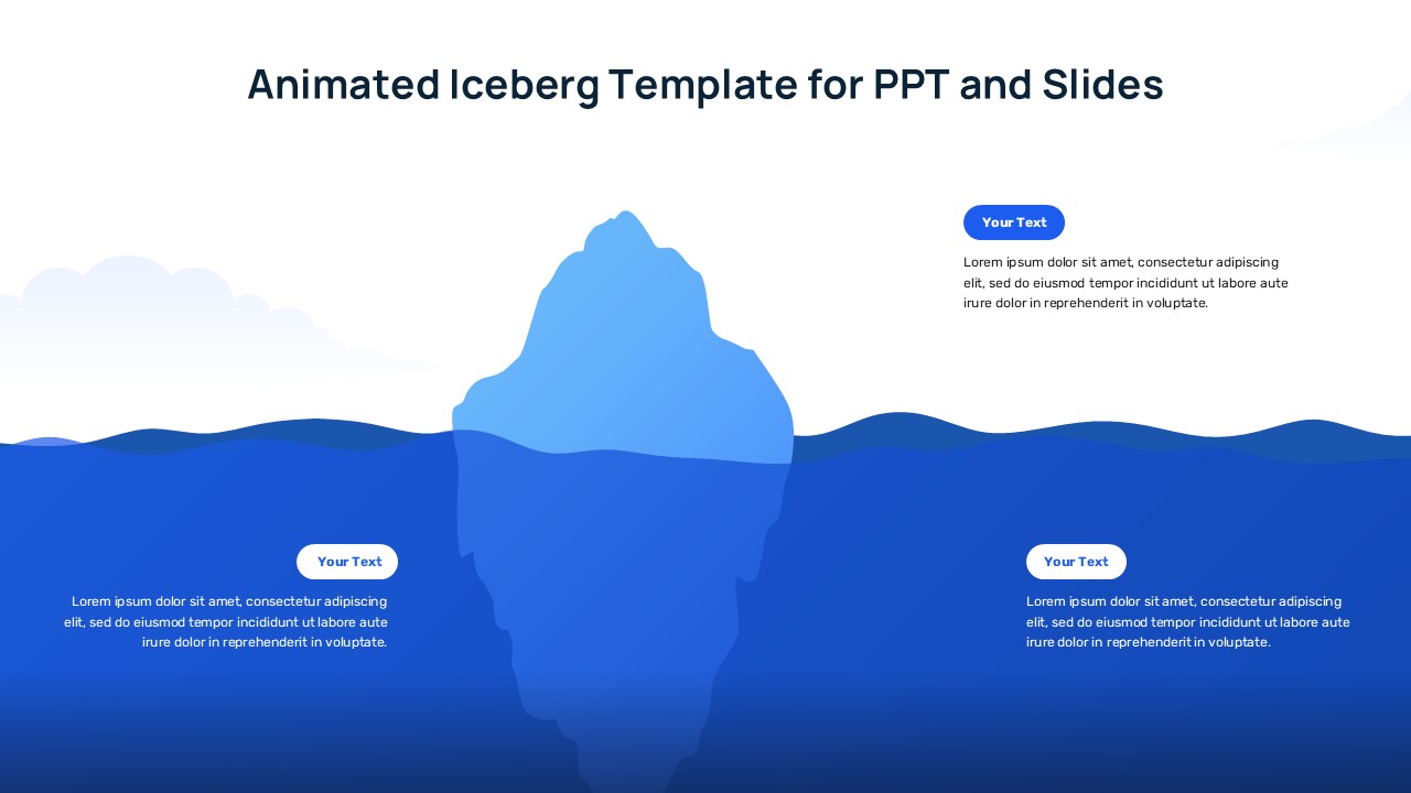 Animated iceberg diagram slide with a large iceberg split above and below water, featuring editable text areas in blue layers.