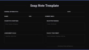 SOAP note PowerPoint slide with labeled sections for patient info, subjective symptoms, objective findings, assessment goals, and treatment plan.