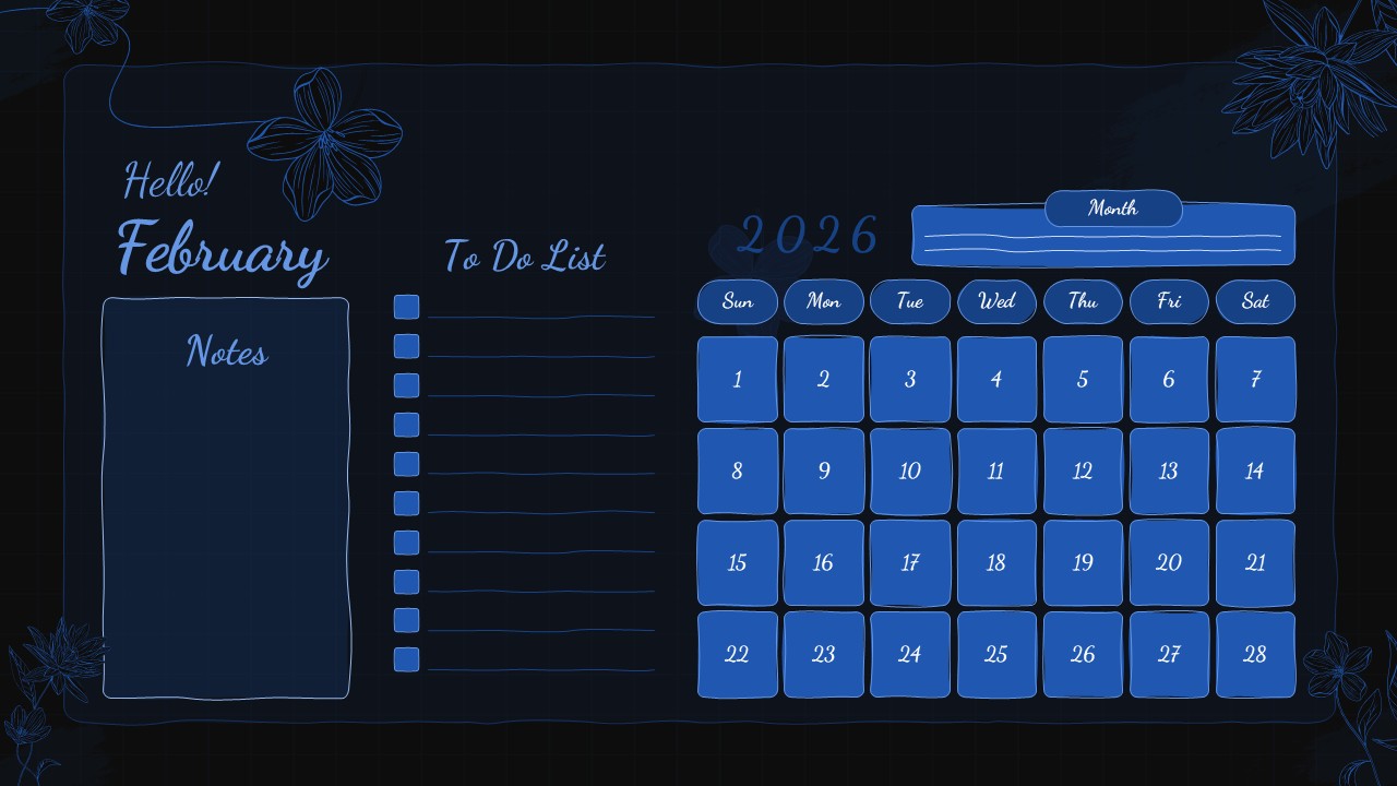 February 2026 monthly planner slide with calendar grid, to-do list, notes section, and blue floral accents.