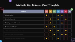 Black Printable kids behavior chart with weekly grid, colorful day columns, behavior list, and star reward icons.