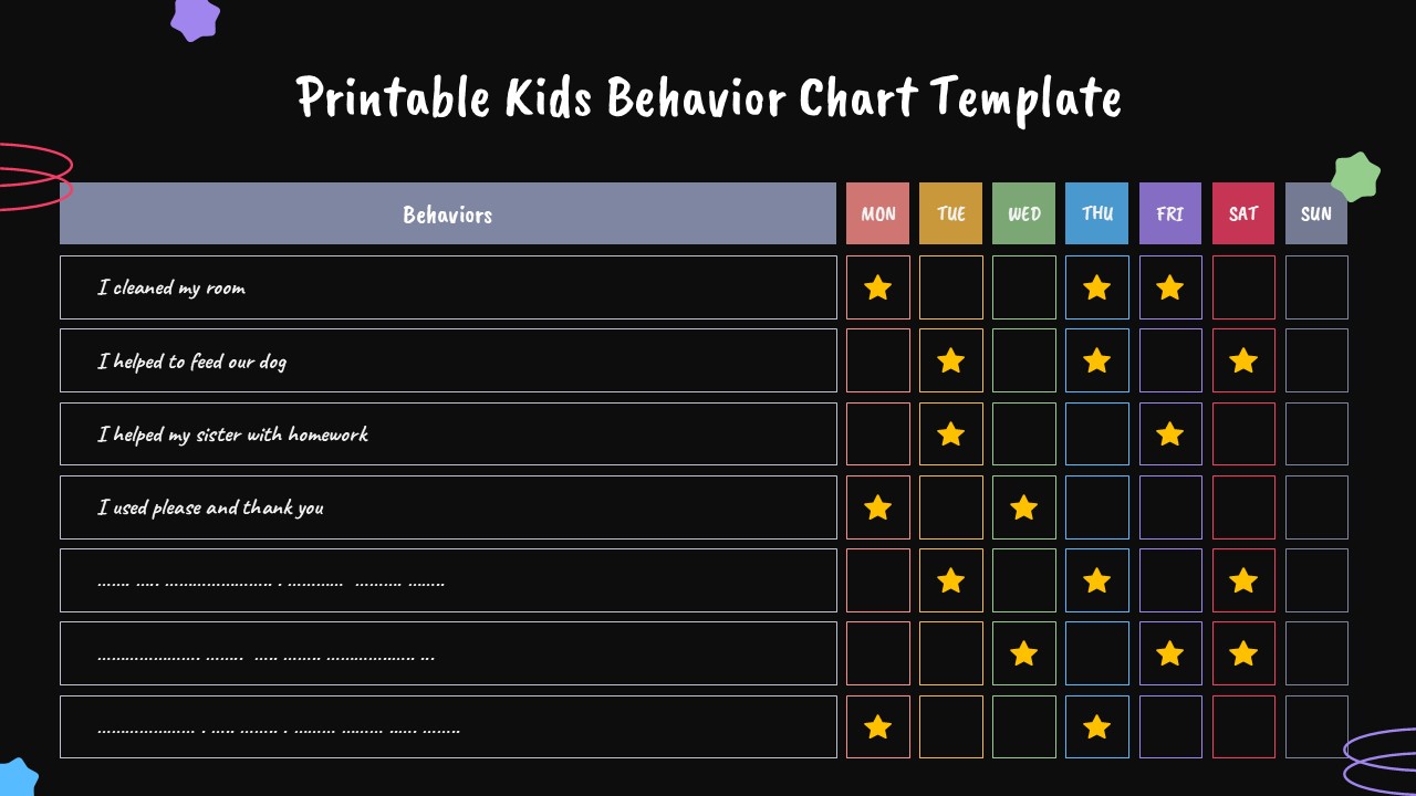 Black Printable kids behavior chart with weekly grid, colorful day columns, behavior list, and star reward icons.
