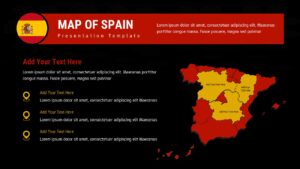 Black Spain map slide with highlighted regions in red and yellow, location markers, title header, and text sections for annotations.