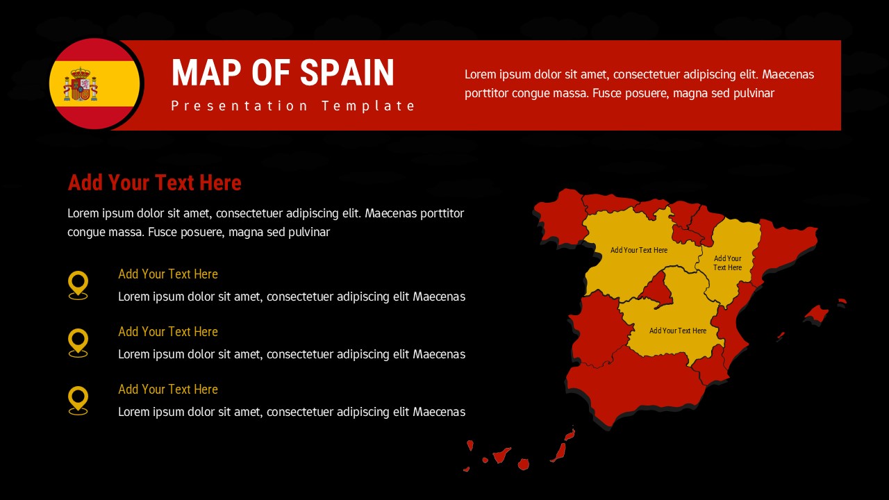 Black Spain map slide with highlighted regions in red and yellow, location markers, title header, and text sections for annotations.