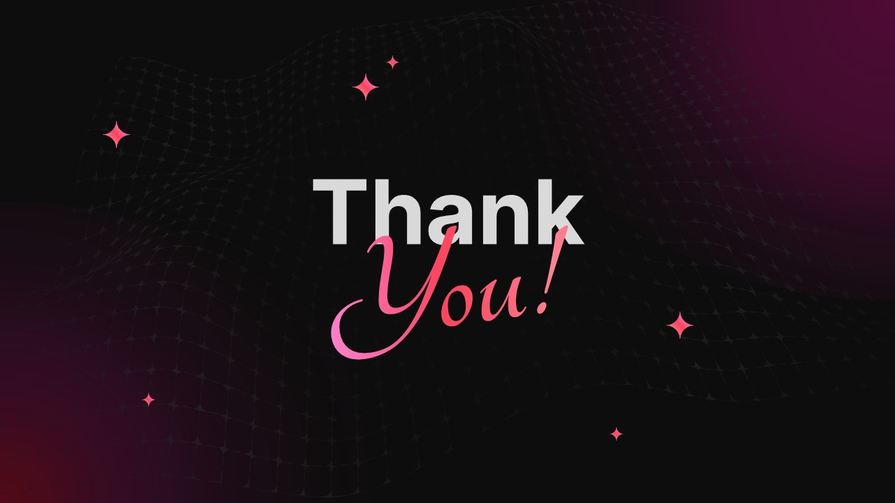 Black Thank you slide with elegant gradient background, subtle mesh pattern, and bold centered typography.