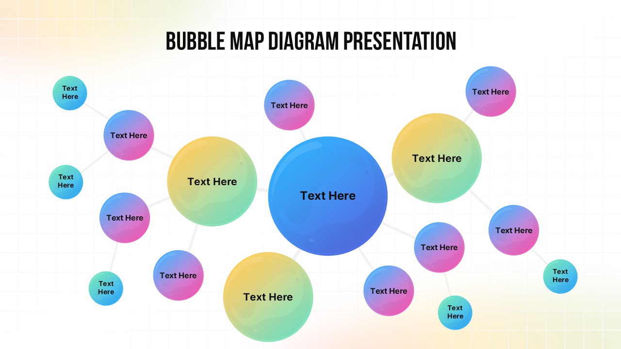 Bubble map diagram slide with a central large circle connected to multiple colorful gradient bubbles on a clean grid background.