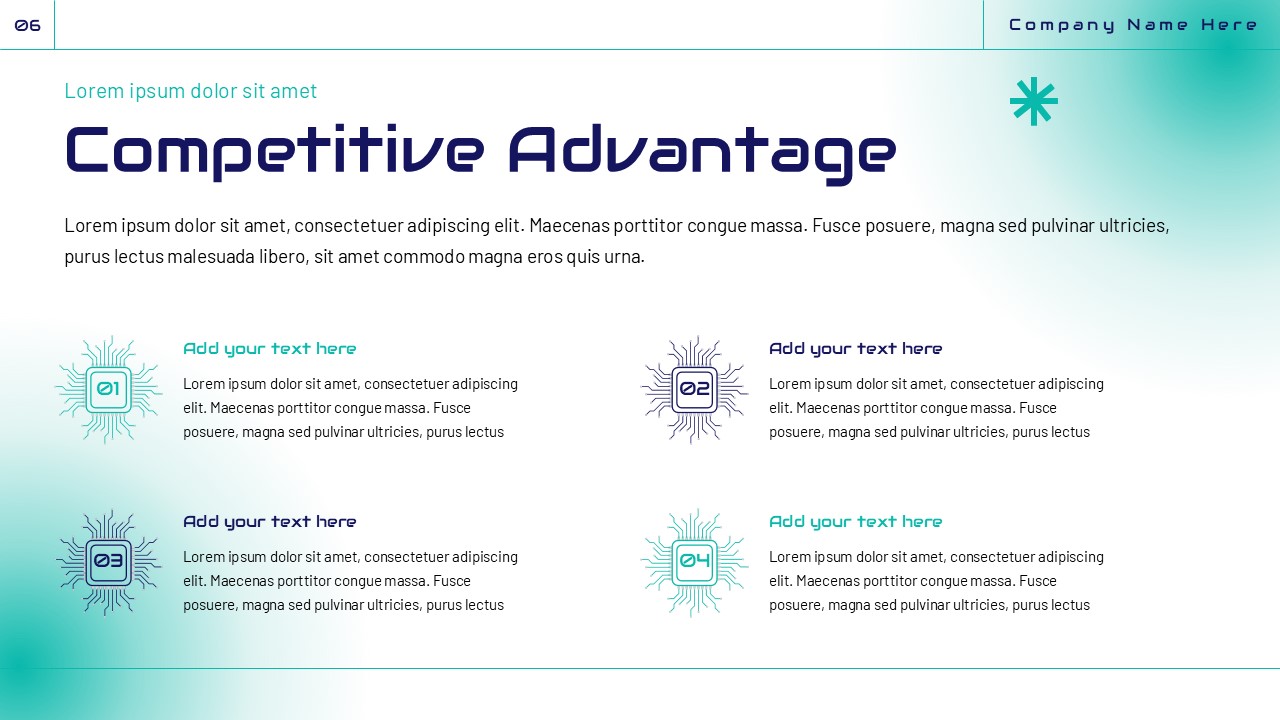 Competitive advantage slide with modern technology icons, four feature sections, teal gradient accents, and clean layout highlighting key differentiators.
