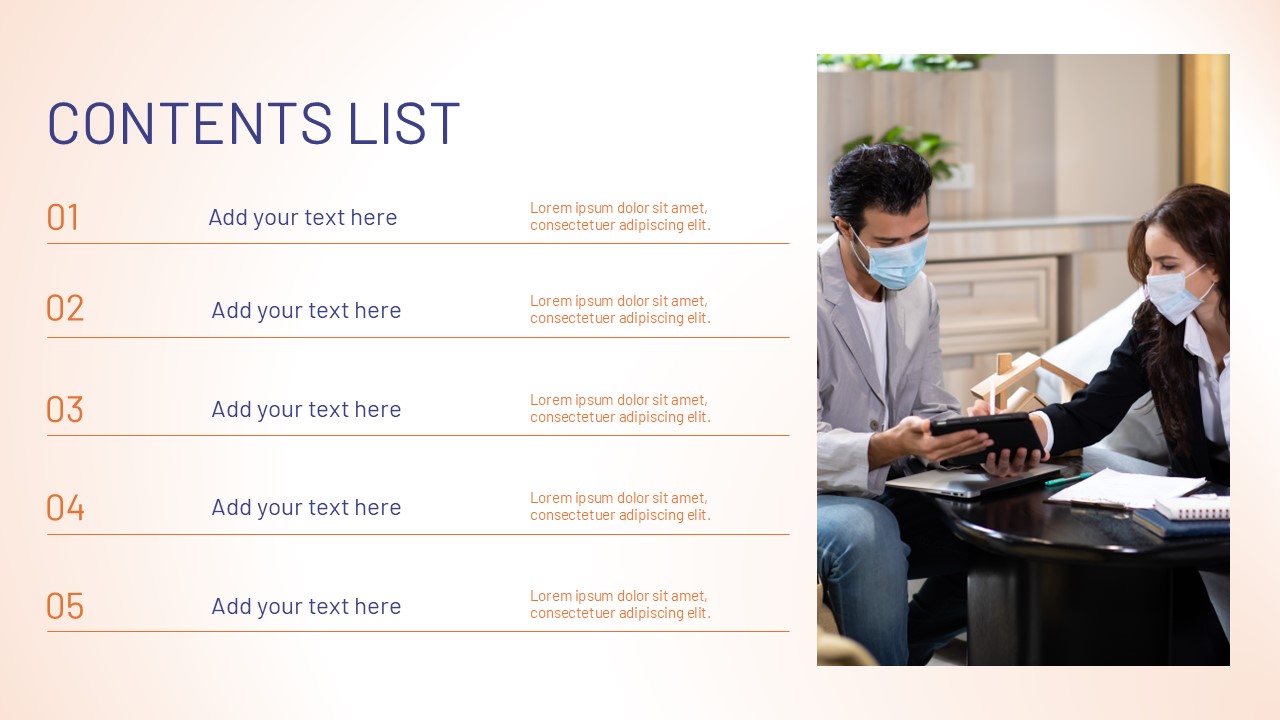 Clean contents list slide with numbered sections from 01 to 05, text placeholders, subtle divider lines, and a side image of two professionals reviewing documents at a table.