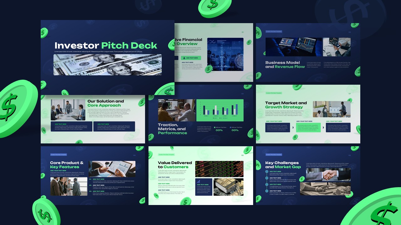 Investor pitch deck slides showing business overview, revenue model, traction metrics, and market strategy in a modern layout.