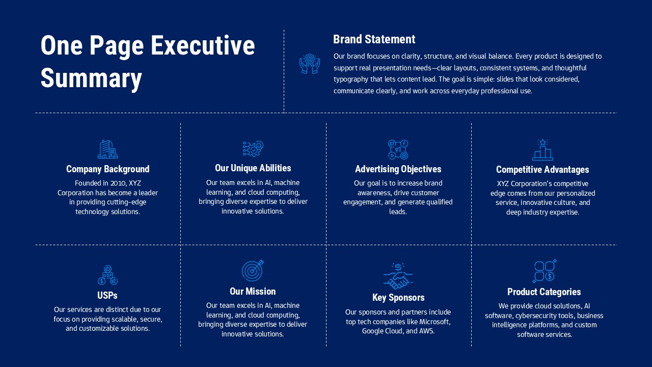 Dark theme One page executive summary slide with grid layout, icons, and multiple business sections arranged in a clean, professional design.