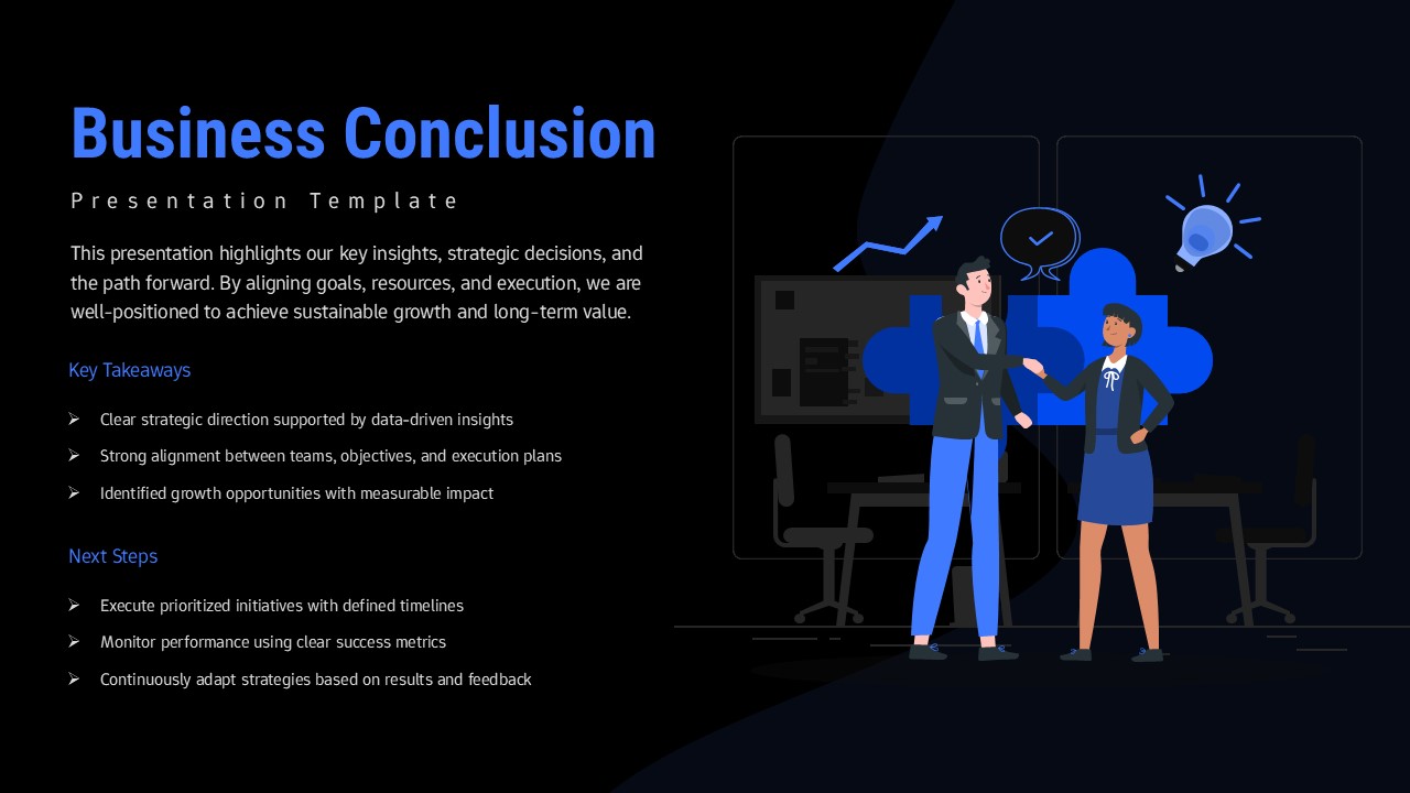 Dark Business conclusion slide with key takeaways and next steps layout, blue corporate design, and teamwork illustration.