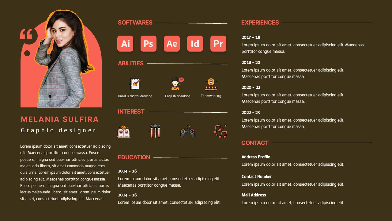 Graphic designer resume slide with profile photo, software icons, skills, experience timeline, education, interests, and contact sections on a dark layout.