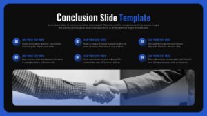 Conclusion slide layout with six numbered summary points, bold headline, and a wide image section at the bottom.