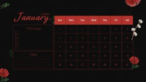 black January 2026 monthly calendar slide with floral accents, full date grid, to-do list, and notes section layout.