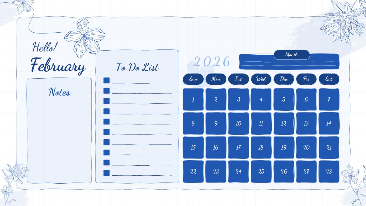 February 2026 monthly planner slide with calendar grid, to-do list, notes section, and blue floral accents.