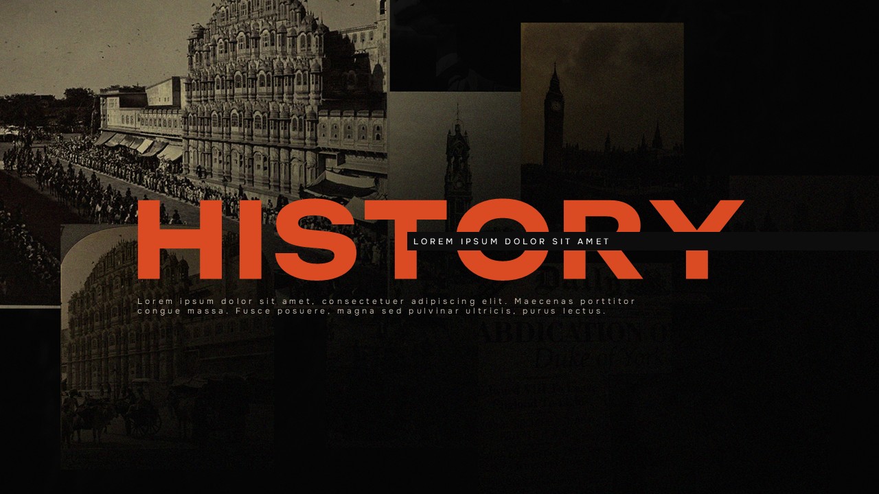 History PowerPoint cover slide with dark layered vintage images and bold orange title text in an editorial layout.