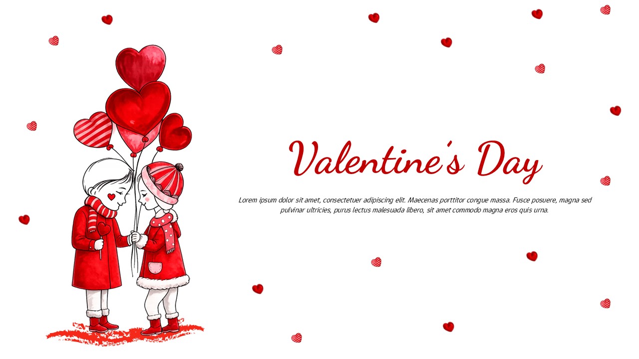 Valentine’s Day PowerPoint slide with a free hand-drawn illustration of children holding heart balloons and text area.