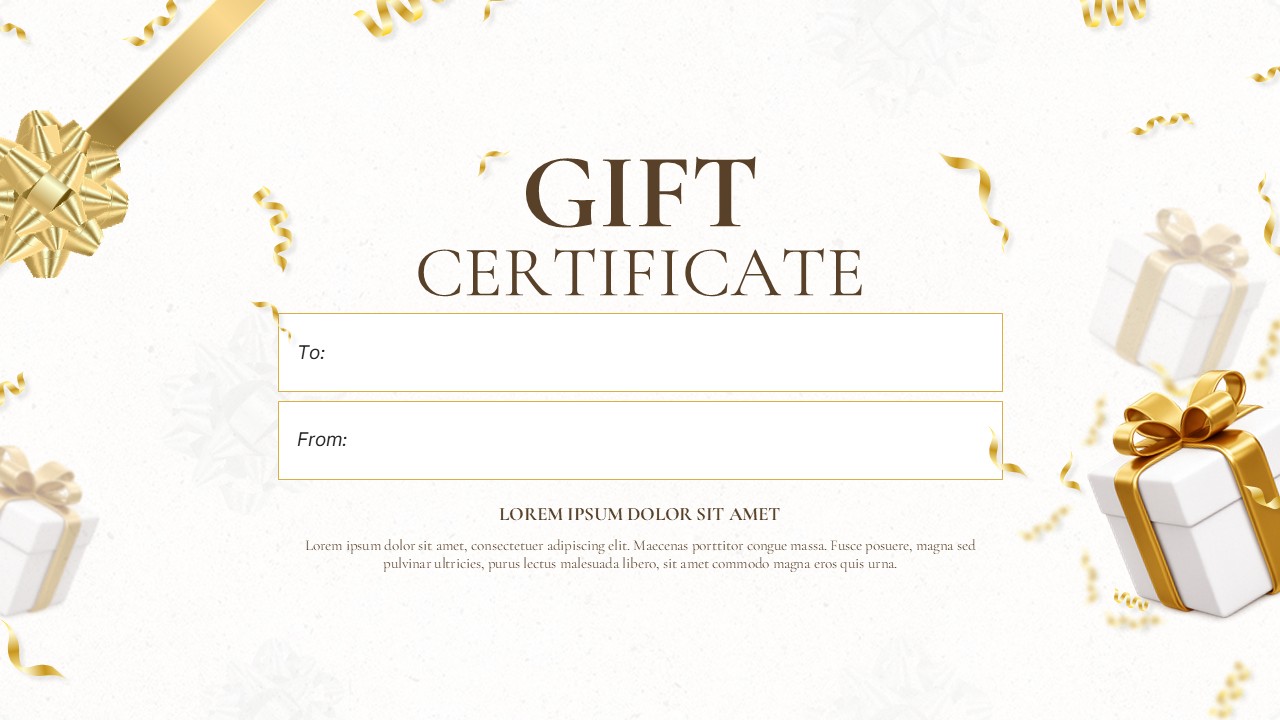 Elegant gift certificate presentation with gold ribbons, confetti accents, gift boxes, and editable to and from fields.