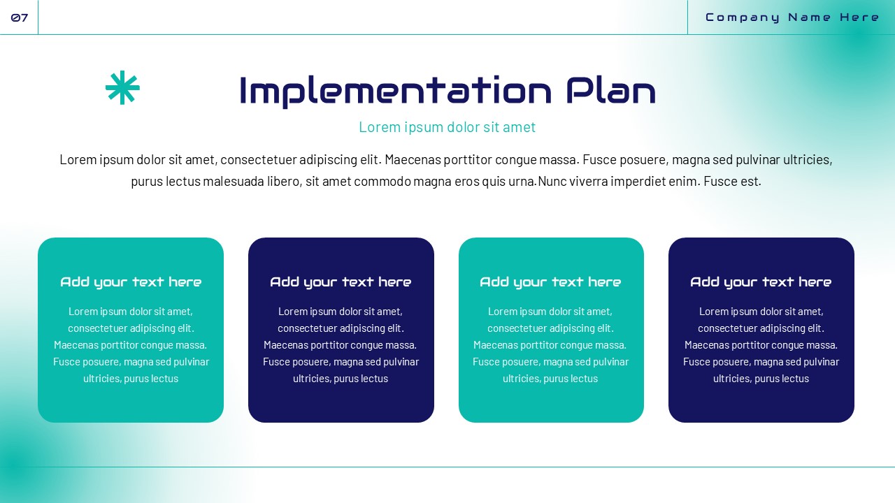 Implementation plan slide with four rounded process blocks, teal and navy color accents, and clean layout outlining execution steps.