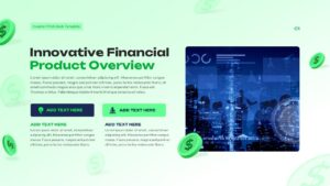 Light green investor pitch deck slide featuring financial product overview, call-to-action buttons, dollar icons, and a cityscape analytics image on the right.